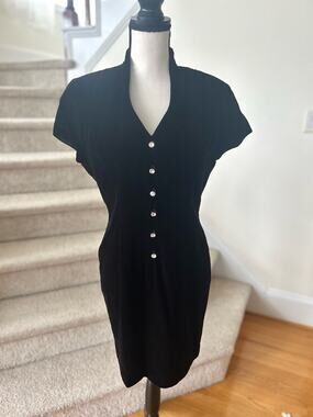 Vintage Adrianna Papell Black Crushed Velvet Rhinestone Button Sheath Dress